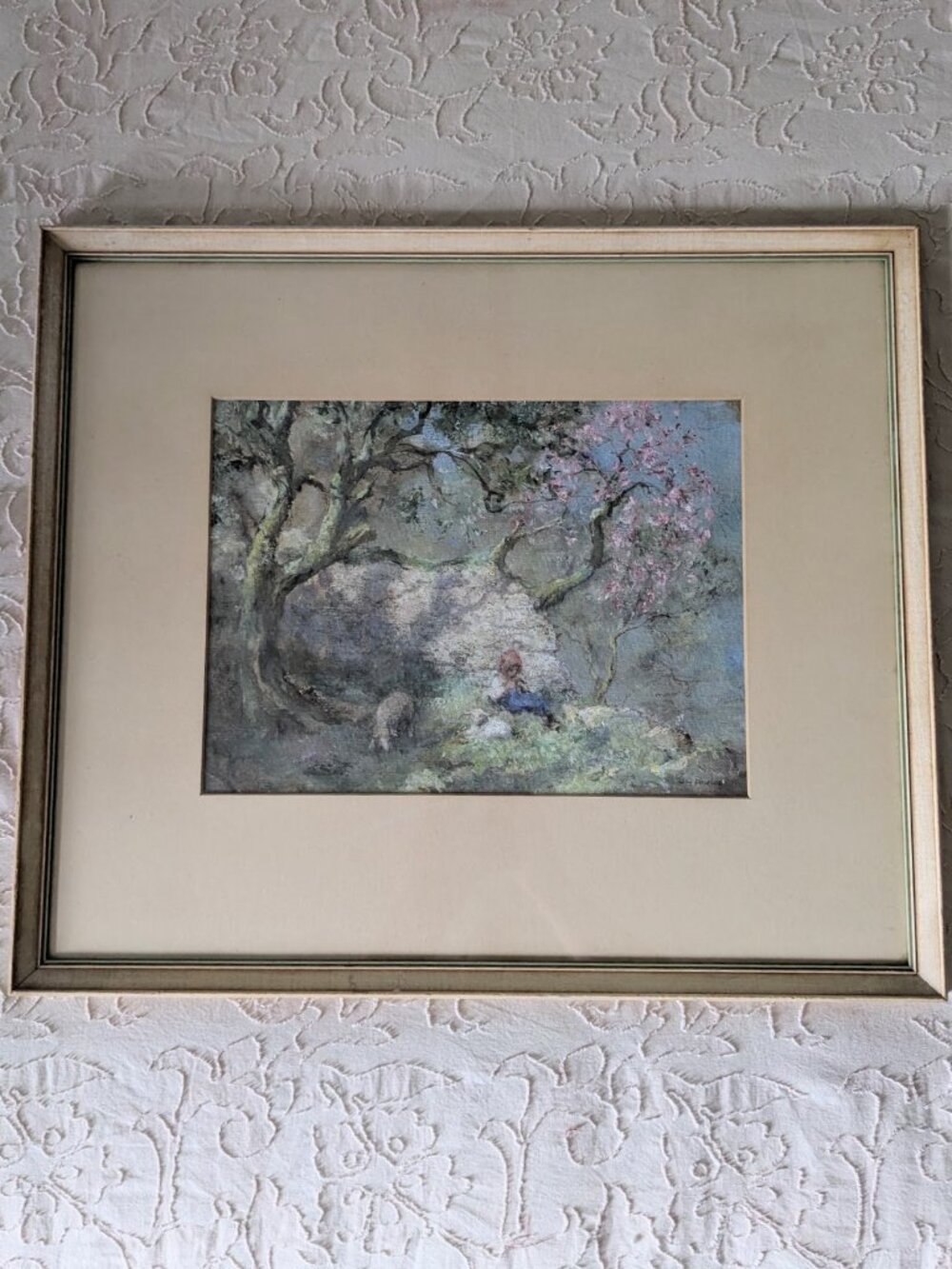 Framed Original L.C Powles (1860-1942) Gouache Painting of Girl and Sheep
